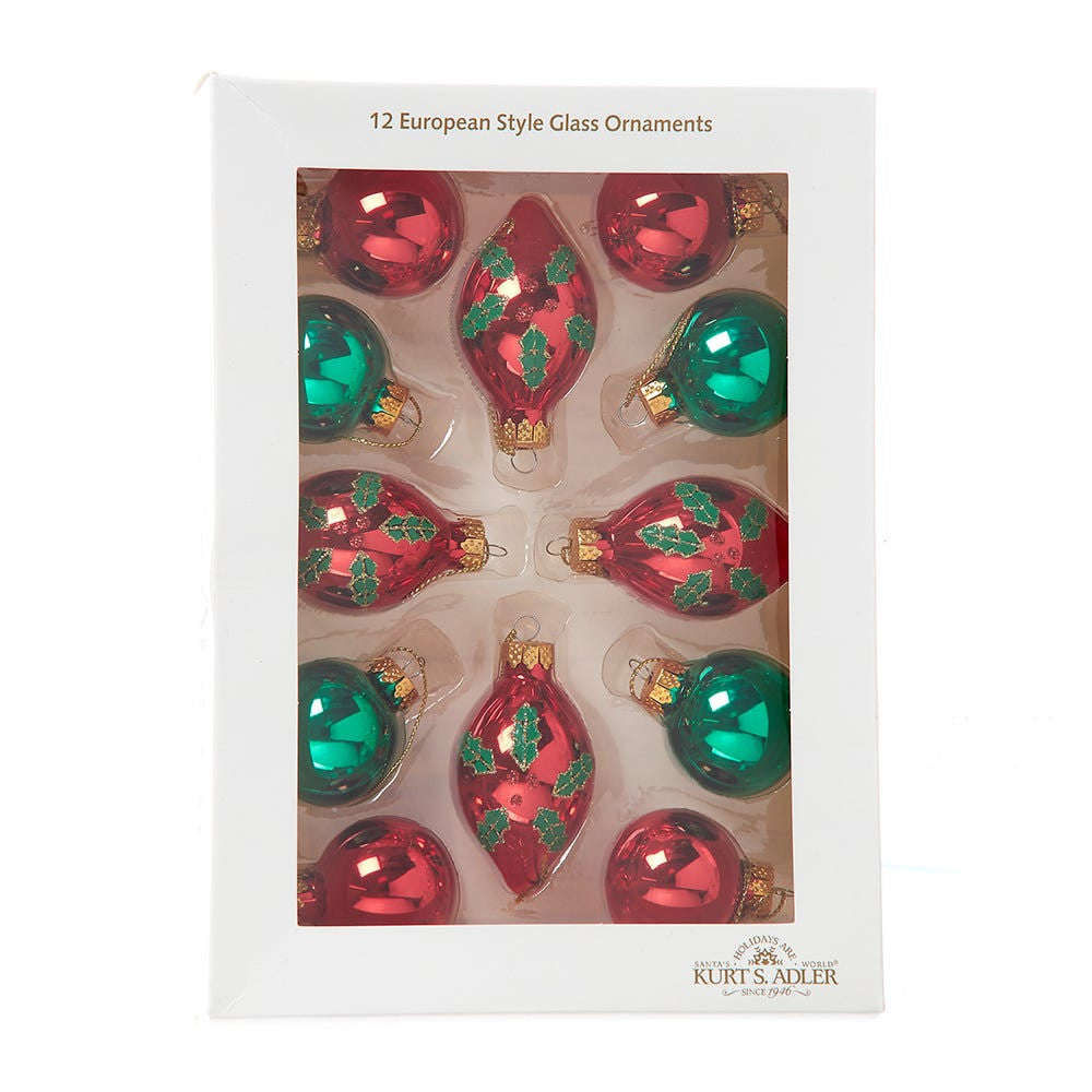 35MM Glass Green & Red With Holly Leaves Teardrop & Ball Ornaments