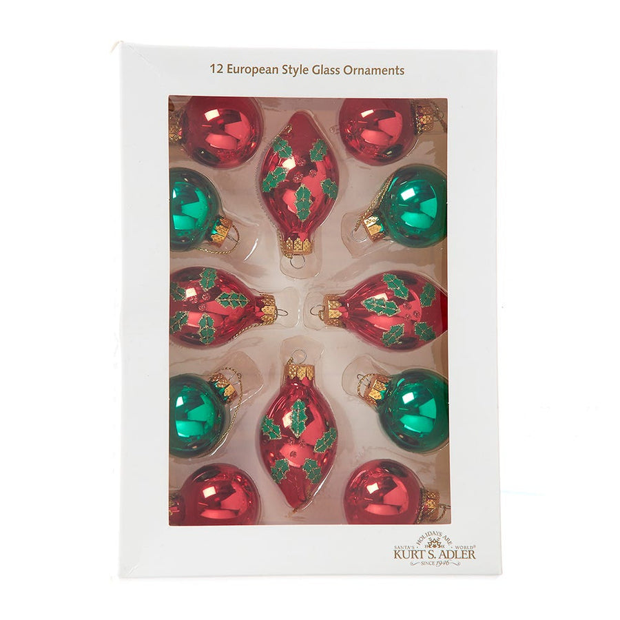 35MM Glass Green & Red With Holly Leaves Teardrop & Ball Ornaments
