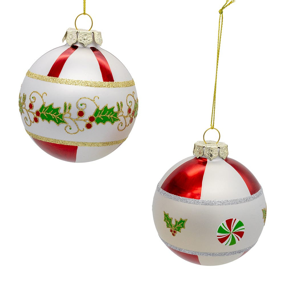 80MM Glass Holly Leaves Ball Ornaments, 2 Assorted