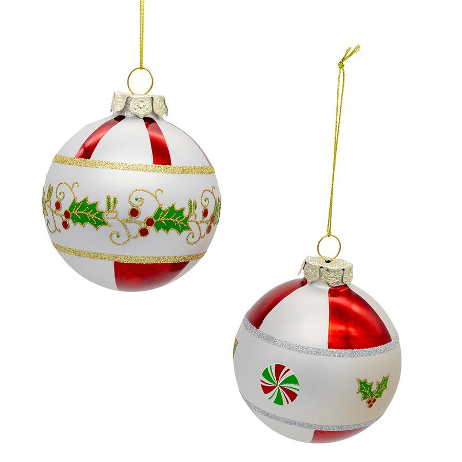 80MM Glass Holly Leaves Ball Ornaments, 2 Assorted