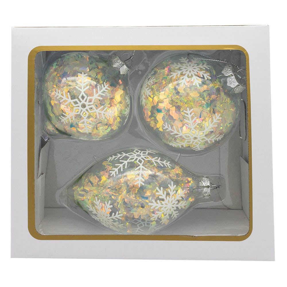 90MM Glass Iridescent Snowflake Ball, Finial and Onion Ornaments