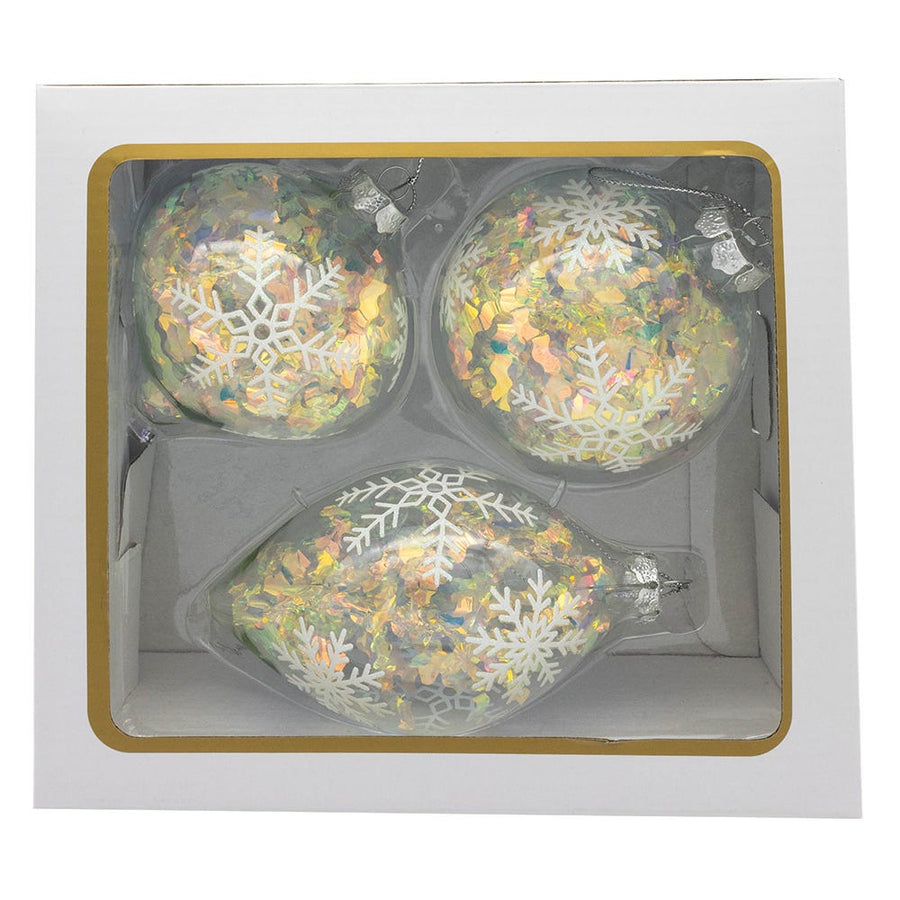 90MM Glass Iridescent Snowflake Ball, Finial and Onion Ornaments