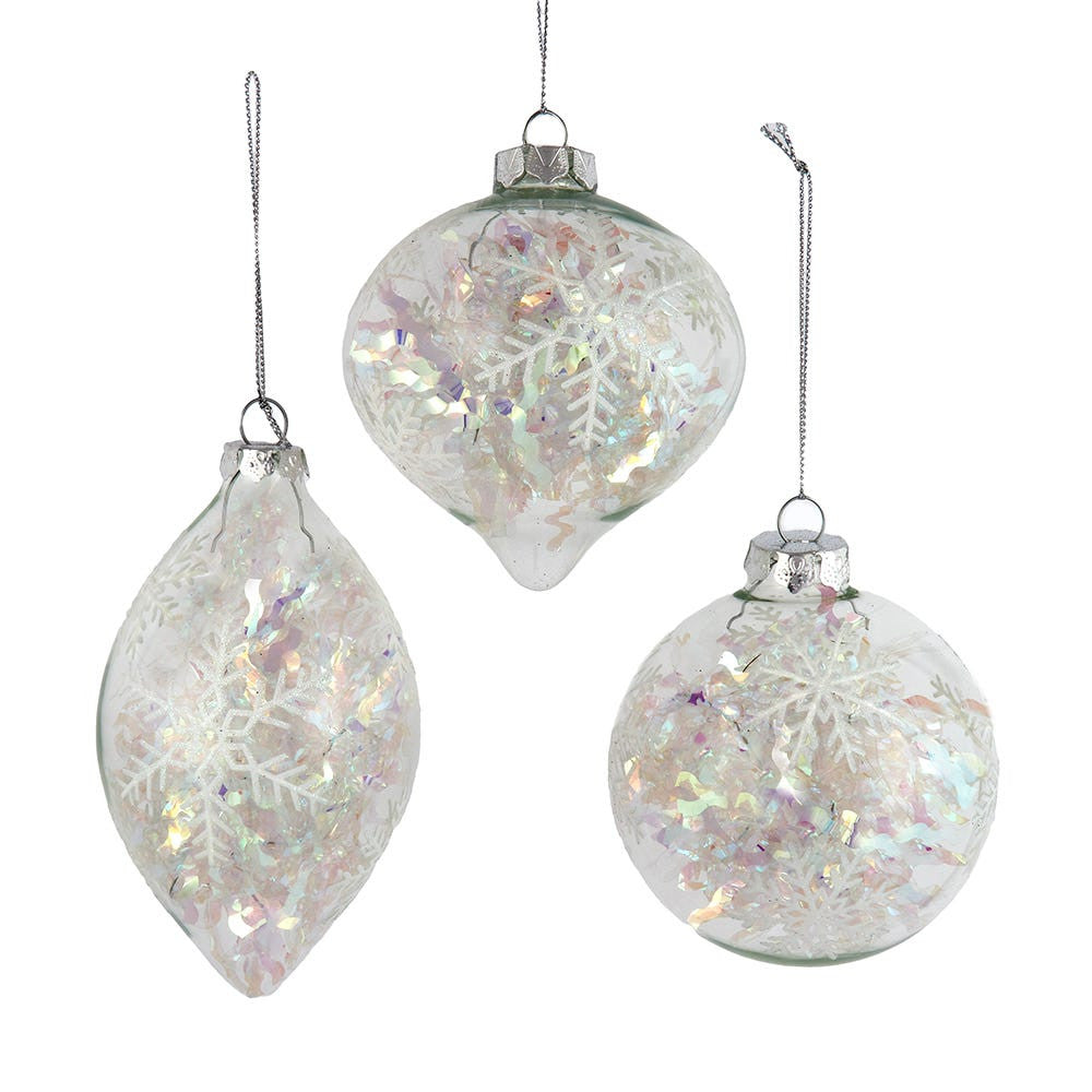 90MM Glass Iridescent Snowflake Ball, Finial and Onion Ornaments