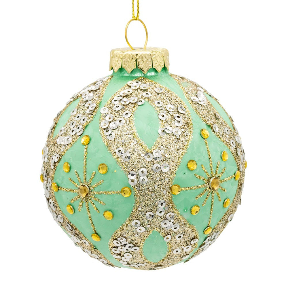 80MM Glass Aqua & Silver Glitter Ball Ornaments