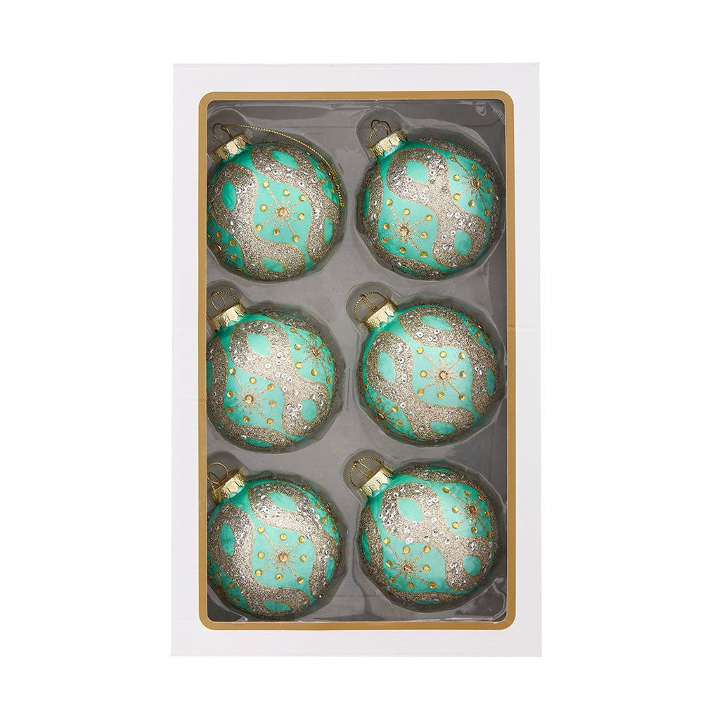 80MM Glass Aqua & Silver Glitter Ball Ornaments