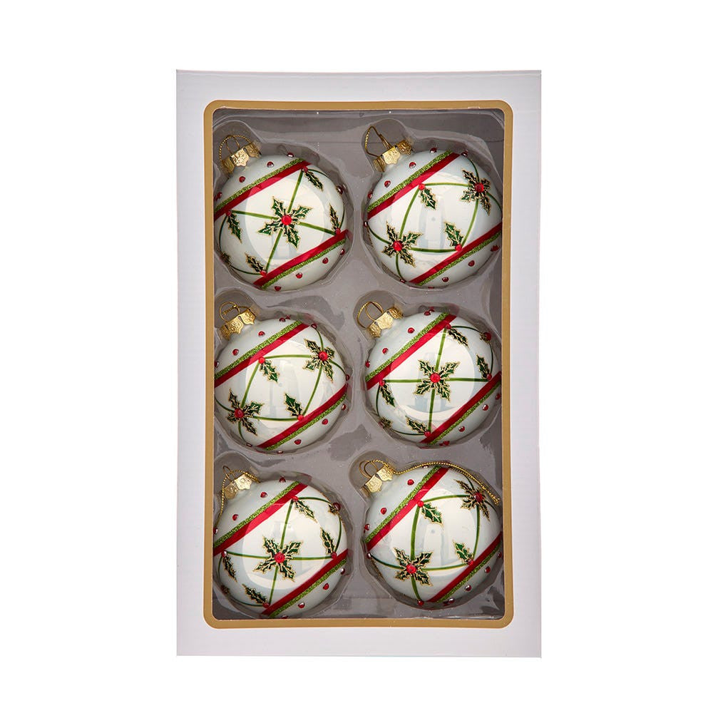 80MM Glass White, Red & Green Holly Berry Ball Ornaments