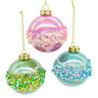80MM Glass Pink, Blue & Green Glittered Ball Ornaments