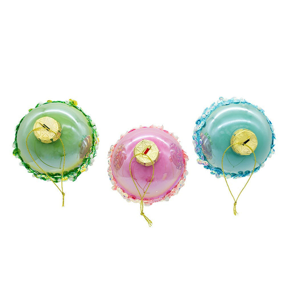 80MM Glass Pink, Blue & Green Glittered Ball Ornaments