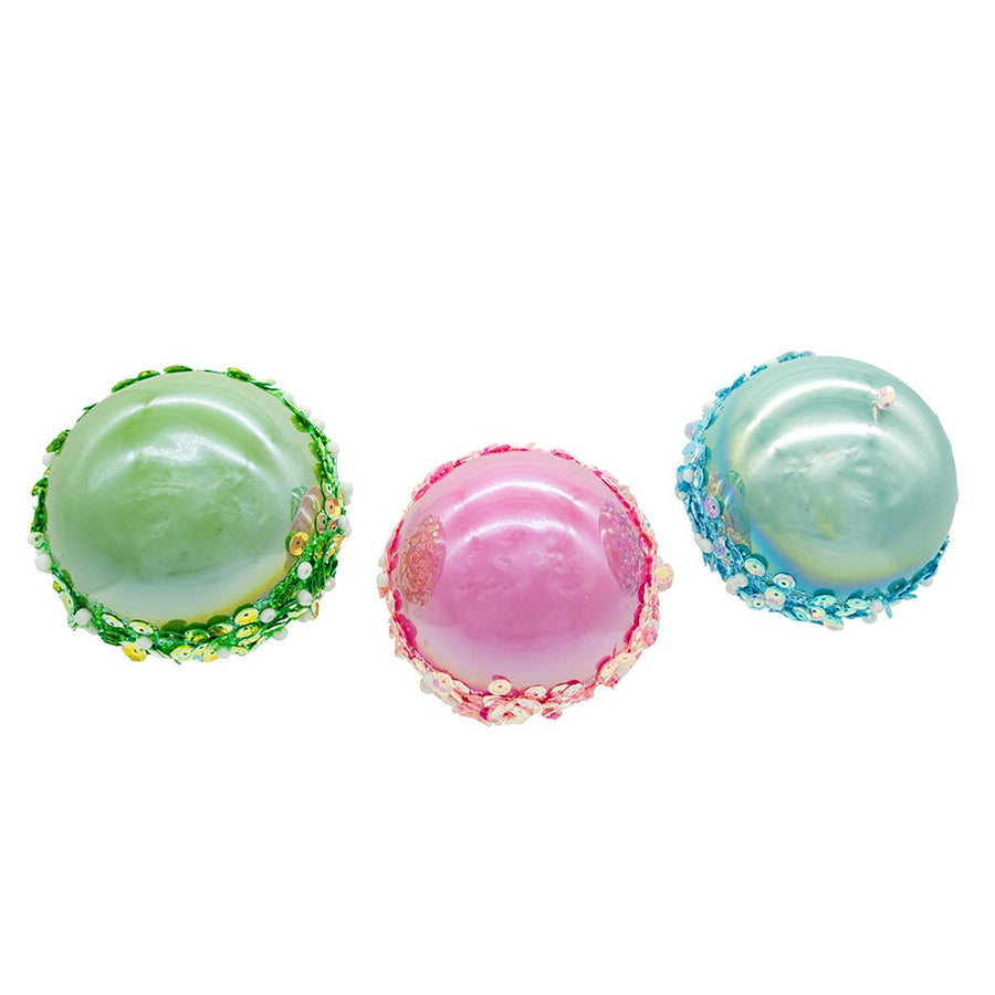 80MM Glass Pink, Blue & Green Glittered Ball Ornaments