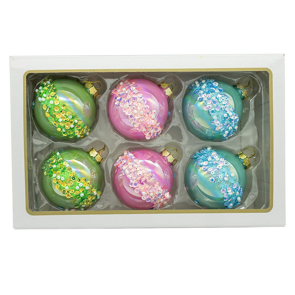80MM Glass Pink, Blue & Green Glittered Ball Ornaments