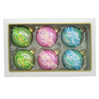 80MM Glass Pink, Blue & Green Glittered Ball Ornaments