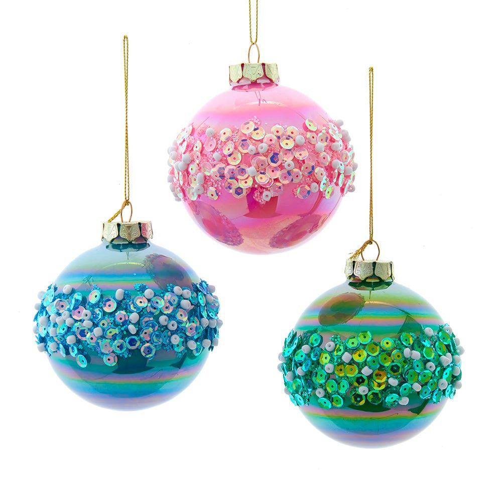 80MM Glass Pink, Blue & Green Glittered Ball Ornaments