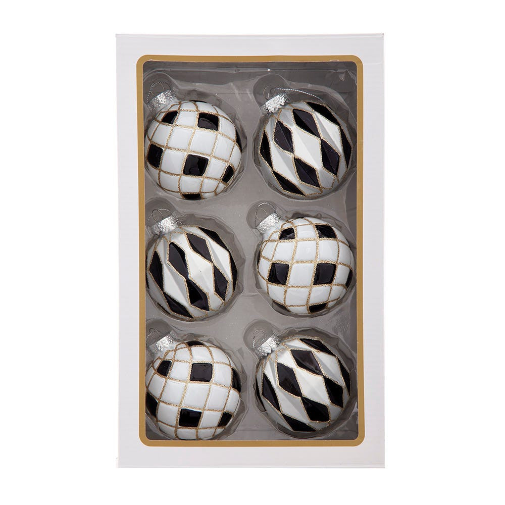 80MM Glass Black, White & Gold Checkered Ball Ornaments