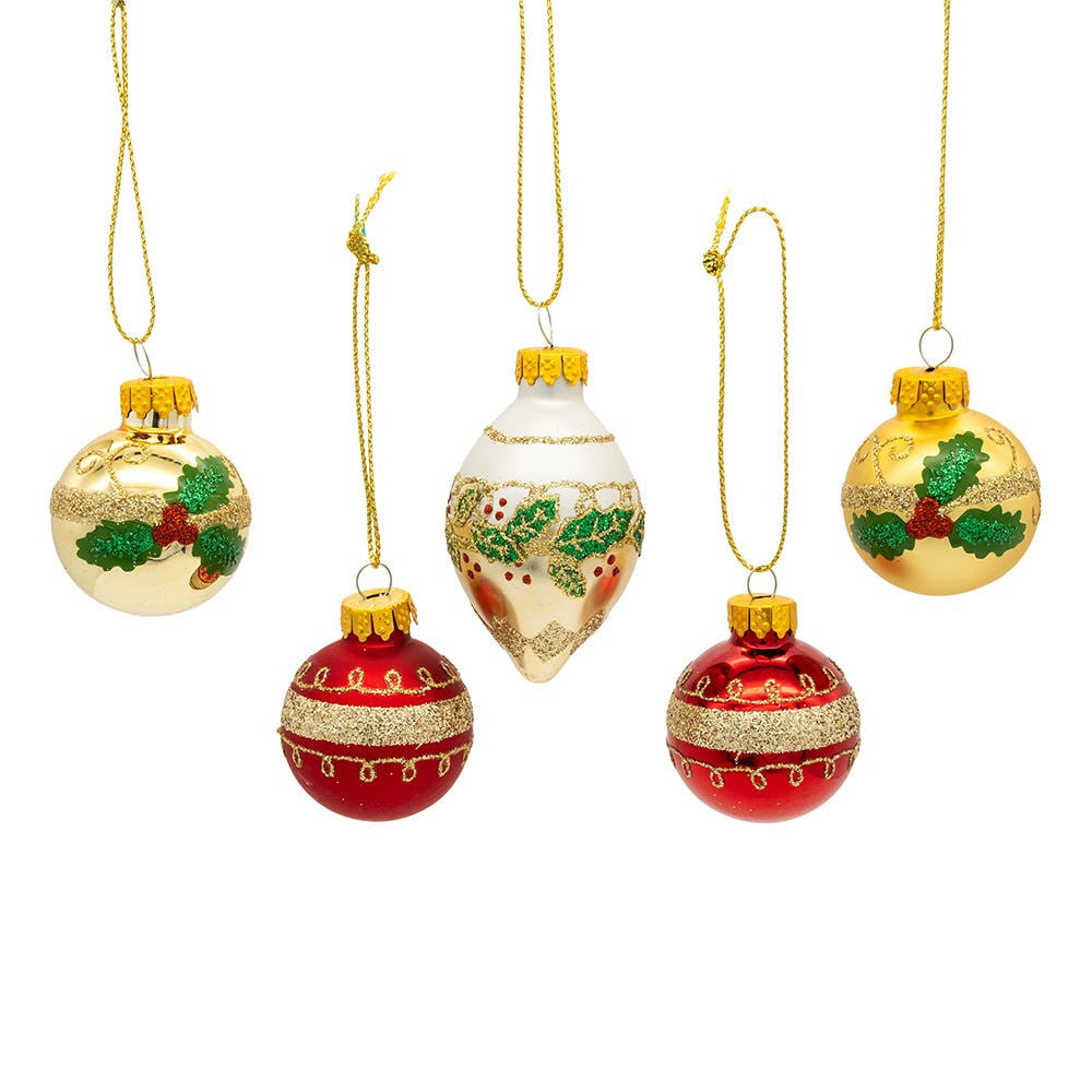 35MM Glass Gold, Green & Red Ball & Finial Ornaments