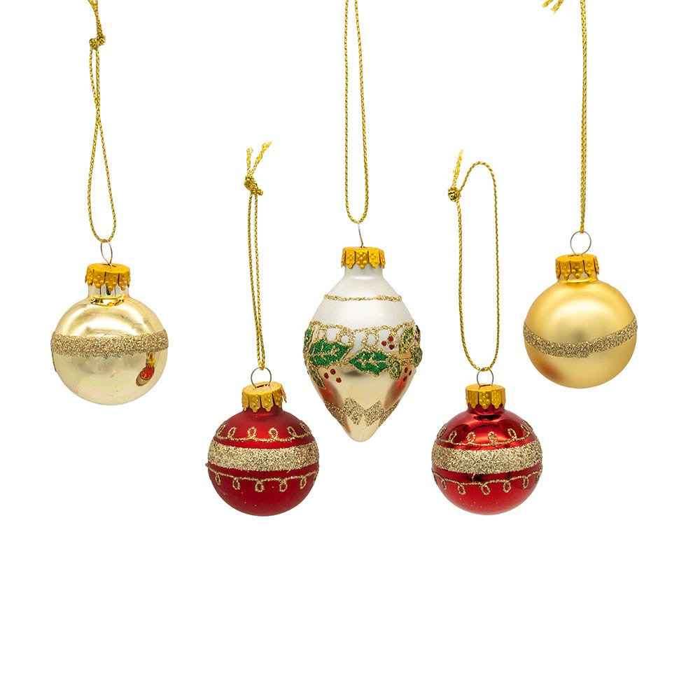 35MM Glass Gold, Green & Red Ball & Finial Ornaments