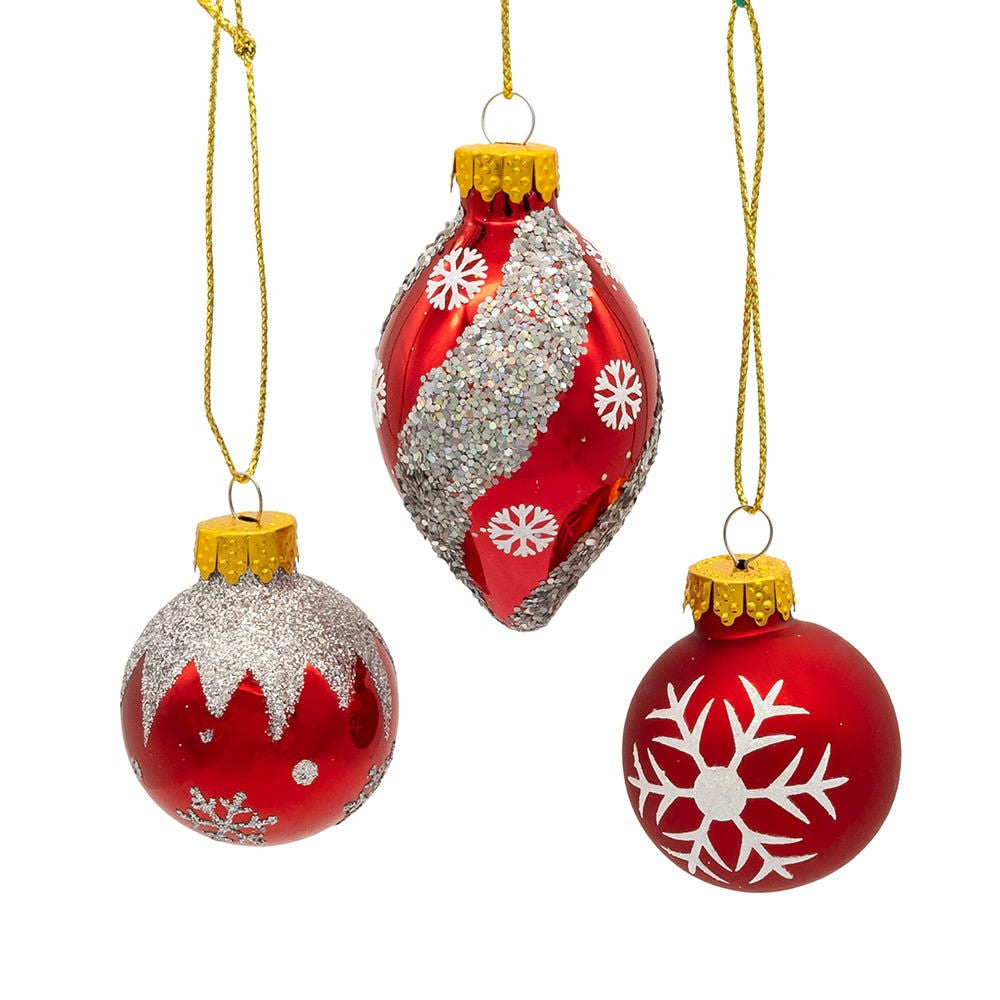 35MM Glass Red & Silver Snowflake Ball & Finial Ornaments