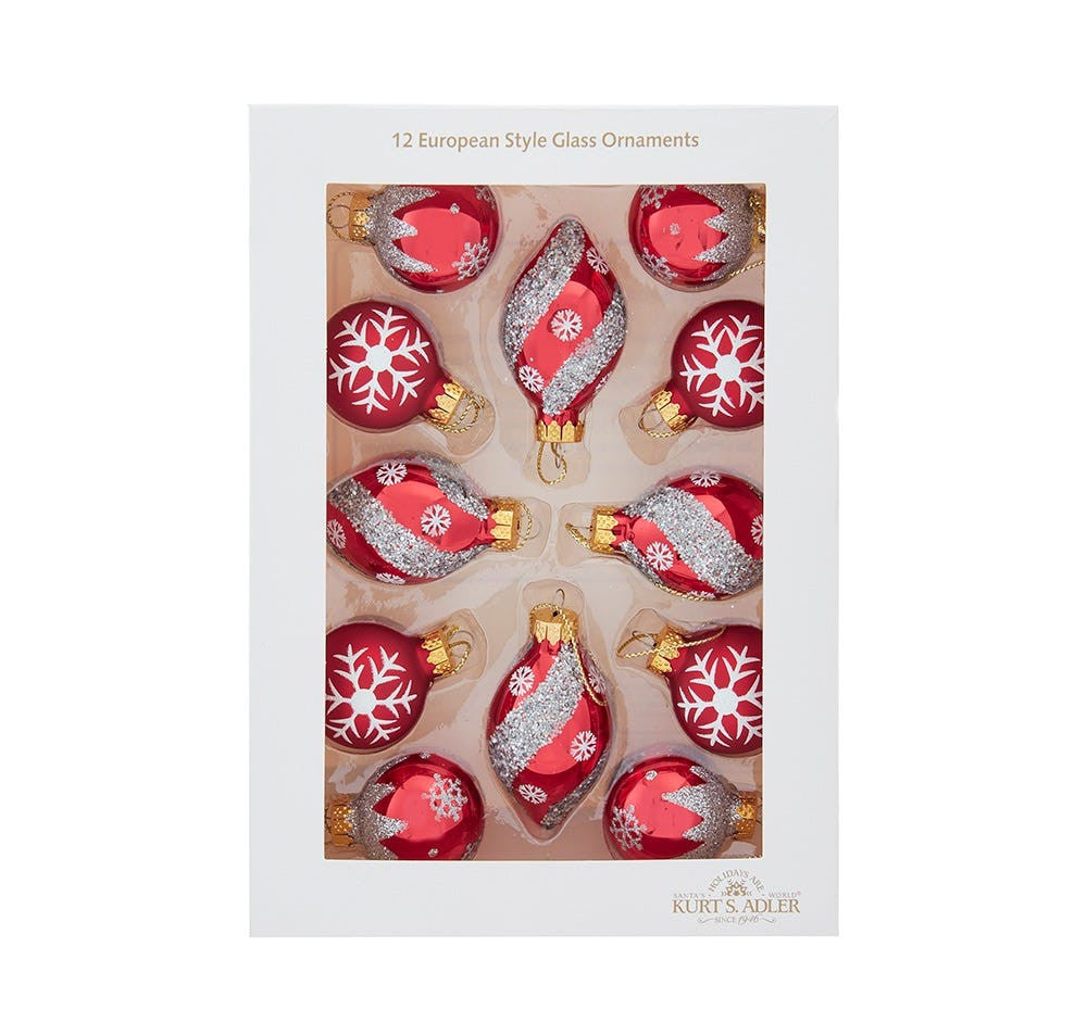35MM Glass Red & Silver Snowflake Ball & Finial Ornaments