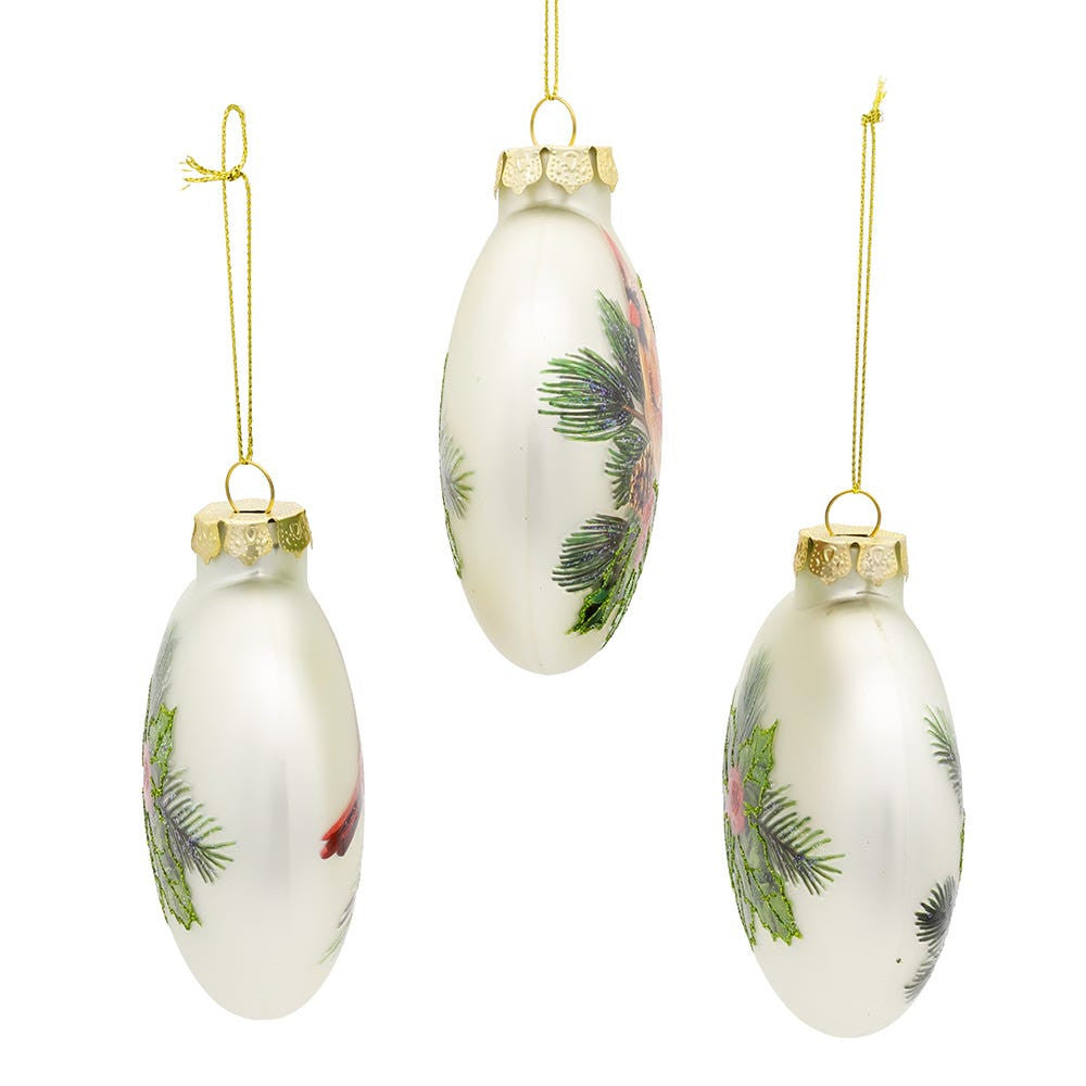 100MM Glass Cardinal With Holly Berry Flat Ball Ornaments