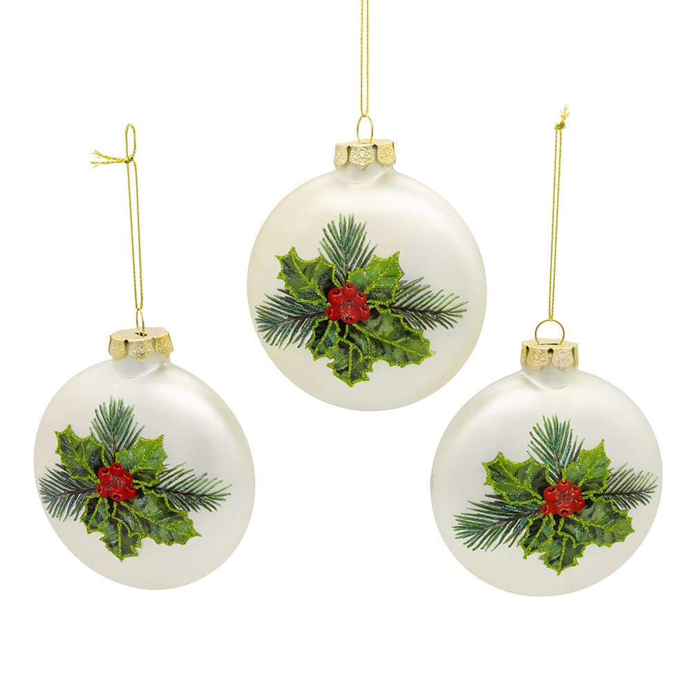 100MM Glass Cardinal With Holly Berry Flat Ball Ornaments