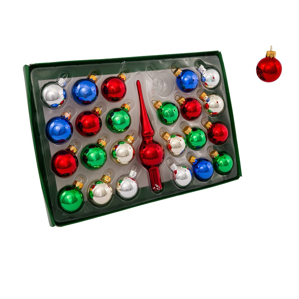30MM Multicolored Glass Ornament & Treetop Set