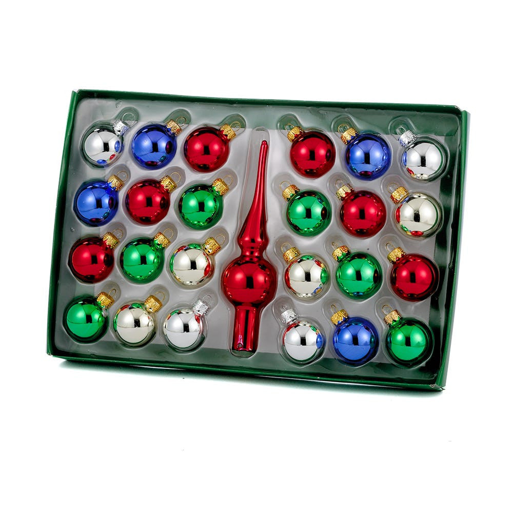 30MM Multicolored Glass Ornament & Treetop Set