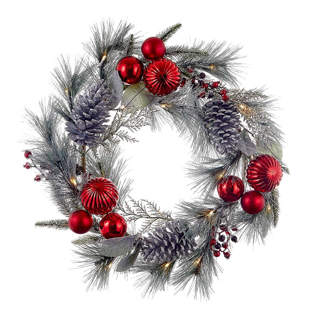 22" Battery-Operated Pre-Lit Warm White LED Silver Decorated Wreath