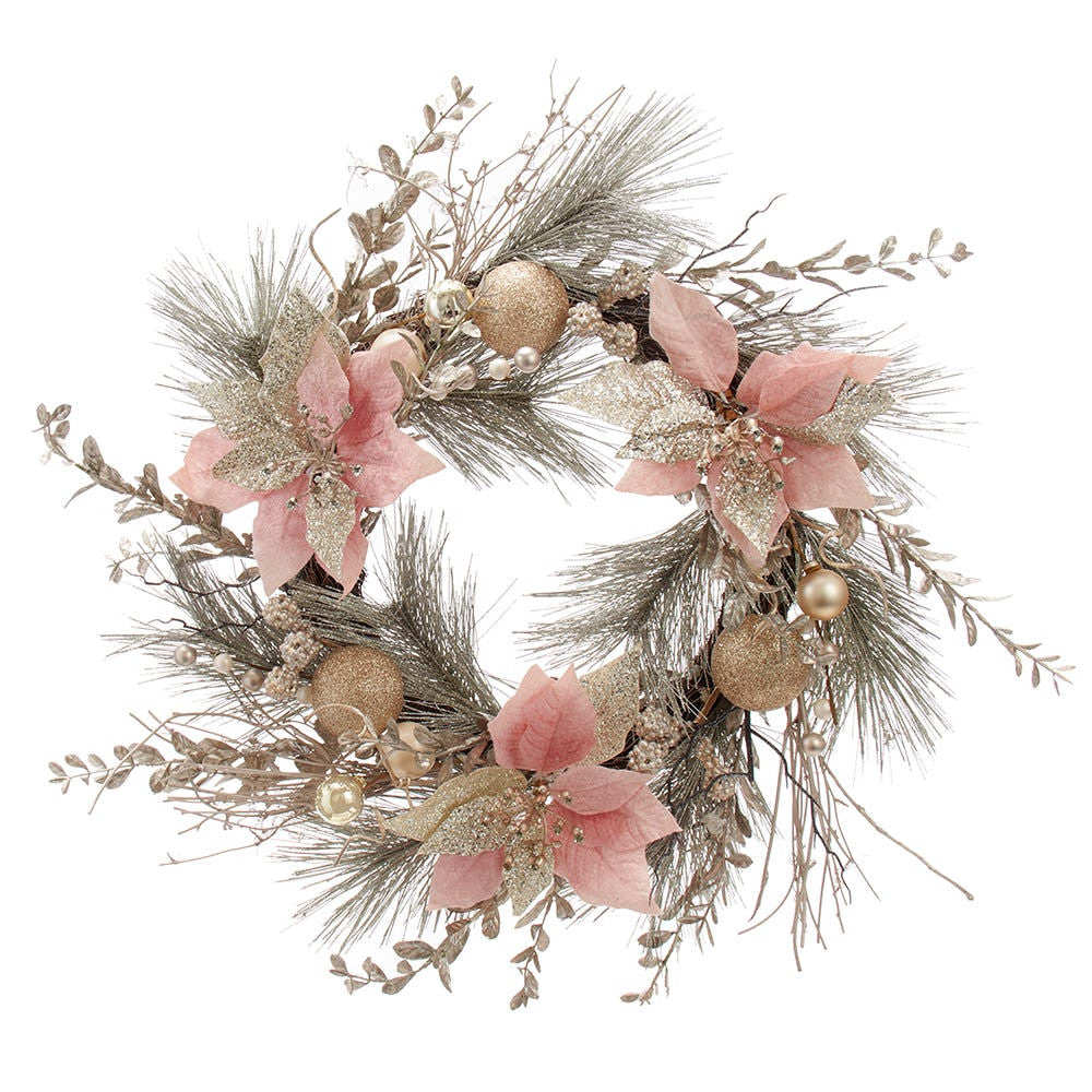20" Un-Lit Pink and Gold Poinsettia Wreath