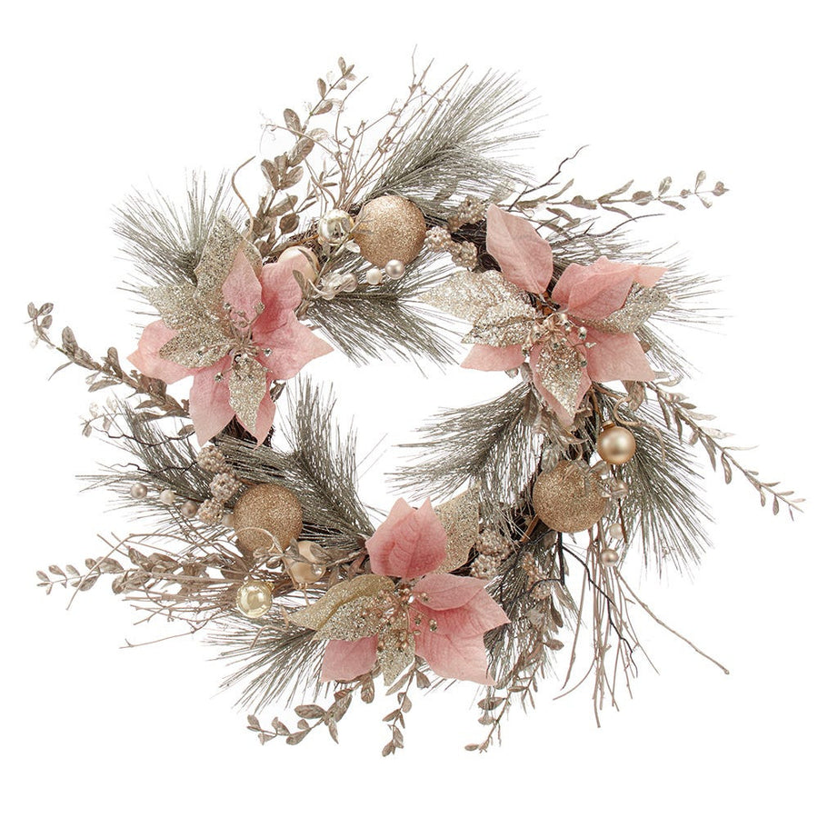 20" Un-Lit Pink and Gold Poinsettia Wreath