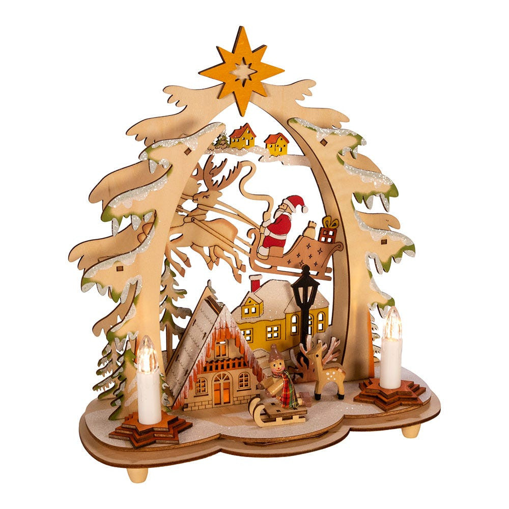 Battery Operated Wooden Village House with Santa