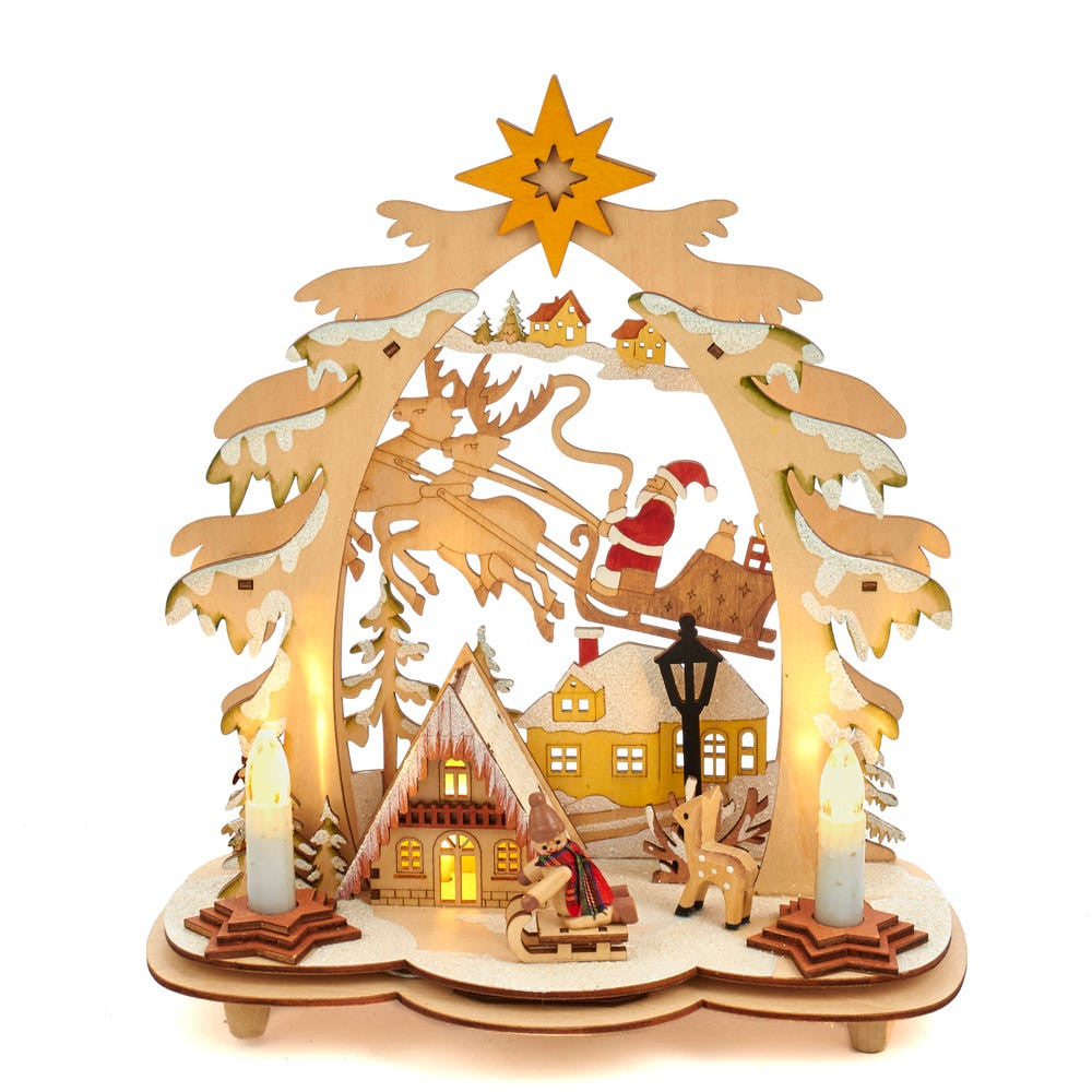 Battery Operated Wooden Village House with Santa