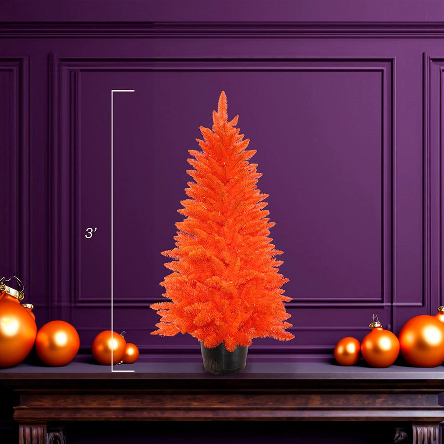 3' Battery Operated Pre-Lit Halloween Orange Potted Tree With Orange LED Lights