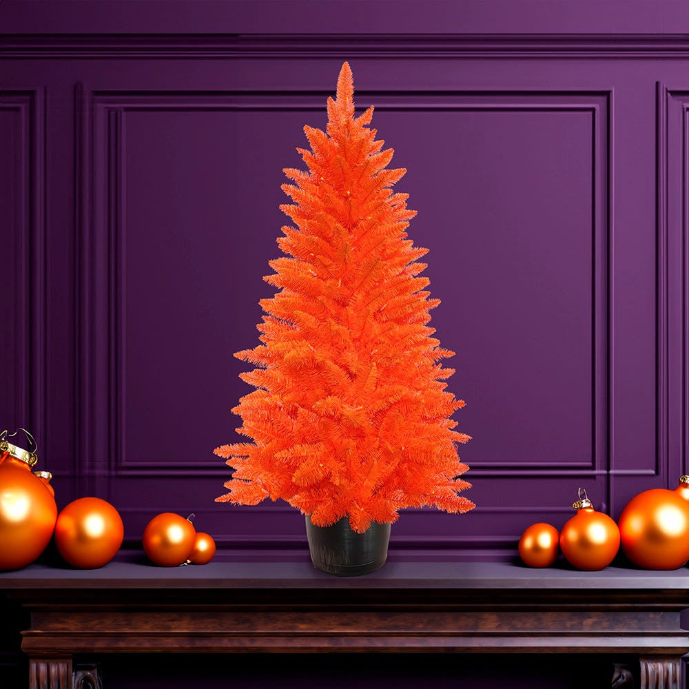 4.5' Battery Operated Pre-Lit Halloween Orange Potted Tree With Orange LED Lights