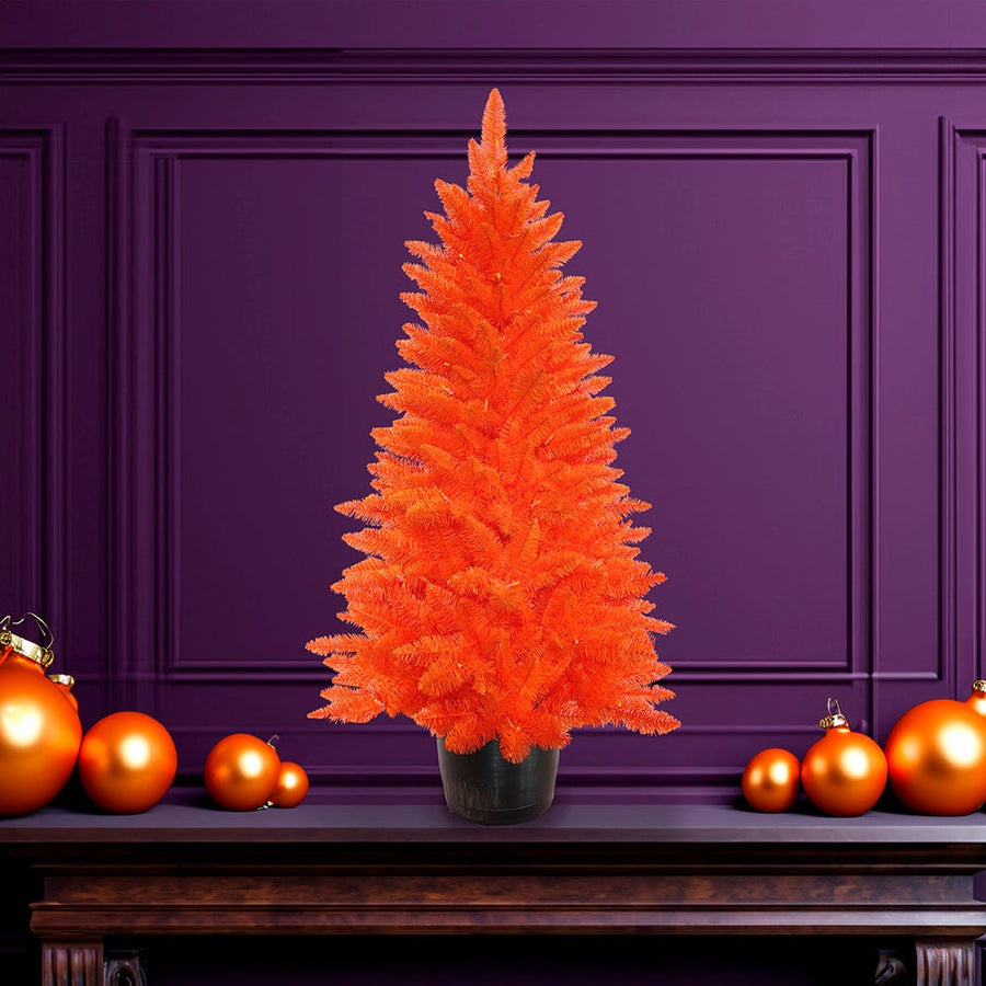 4.5' Battery Operated Pre-Lit Halloween Orange Potted Tree With Orange LED Lights
