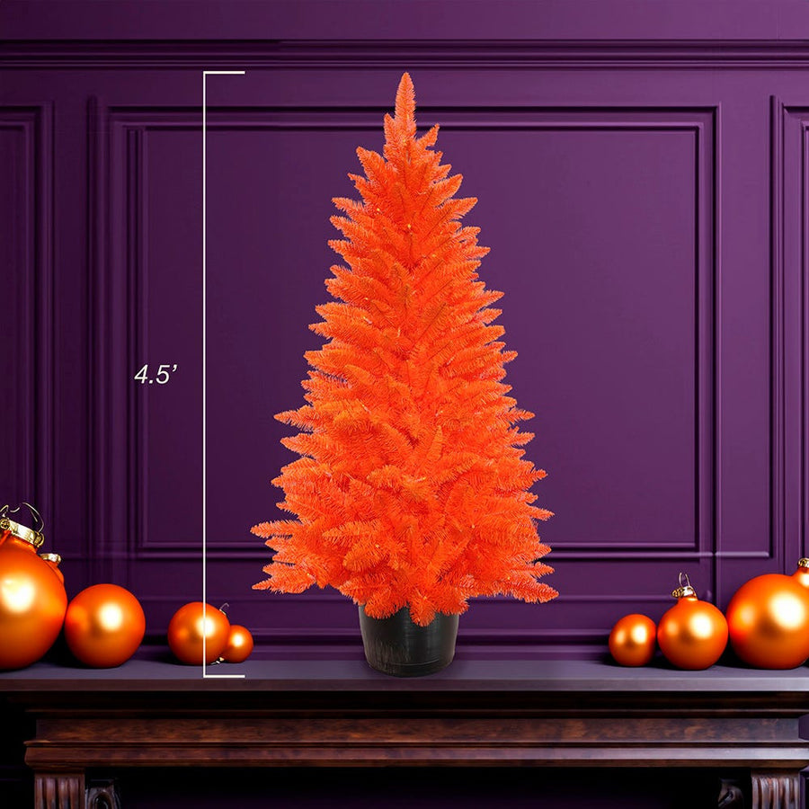 4.5' Battery Operated Pre-Lit Halloween Orange Potted Tree With Orange LED Lights