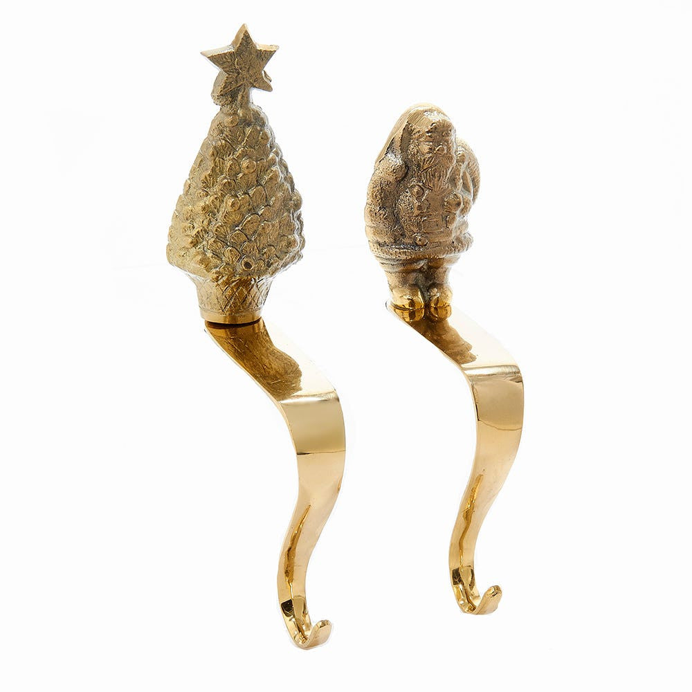 Brass Santa and Tree Stocking Hangers