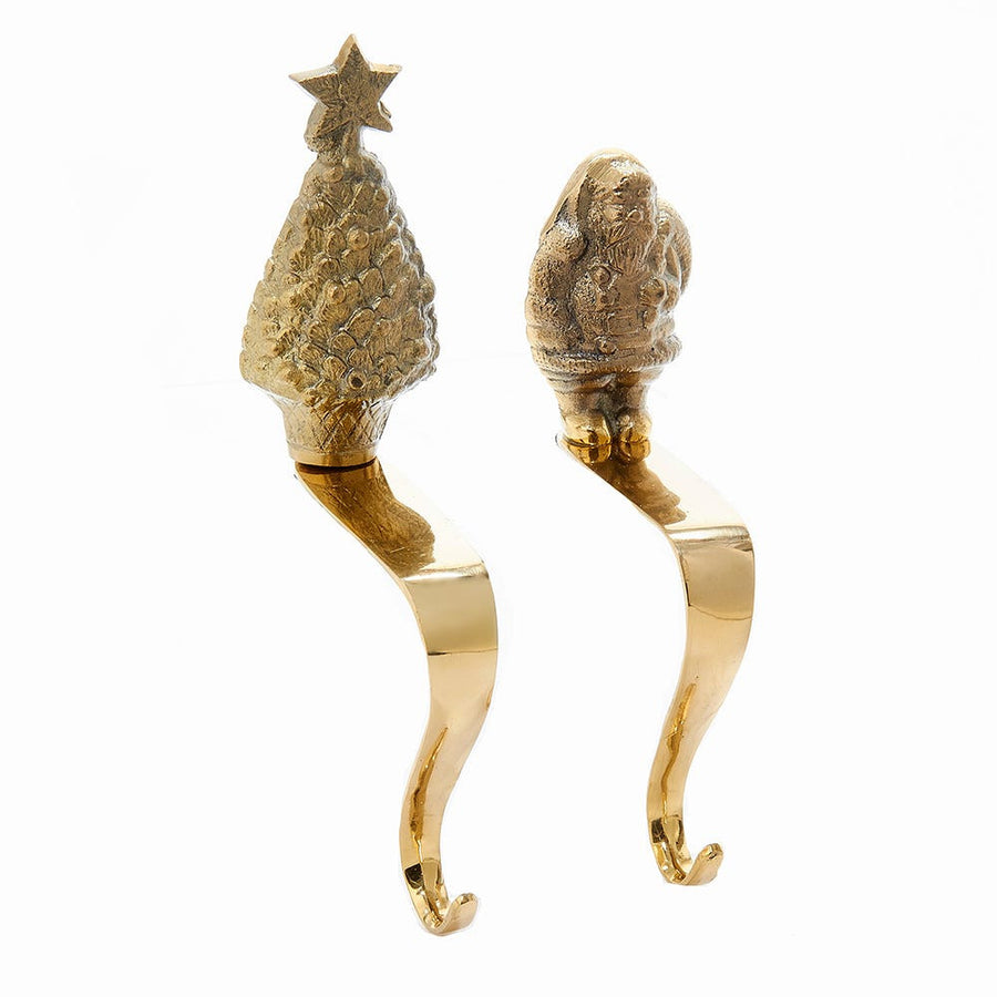 Brass Santa and Tree Stocking Hangers