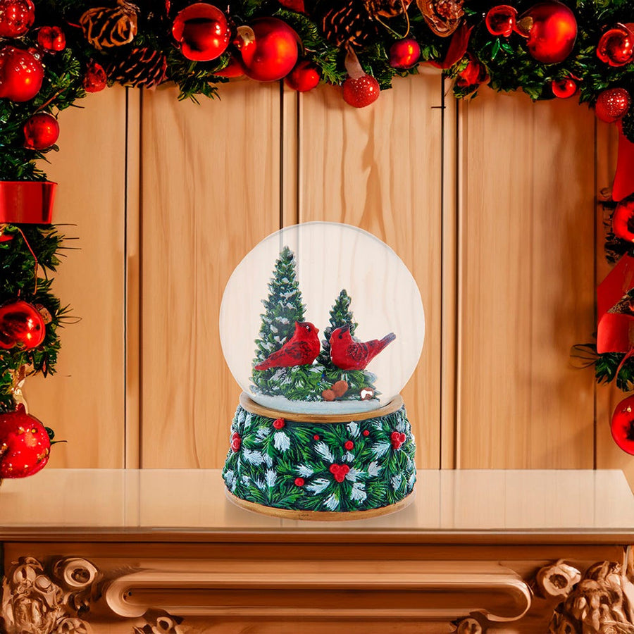 100MM Musical Wind-Up Christmas Tree With Cardinals Water Globe