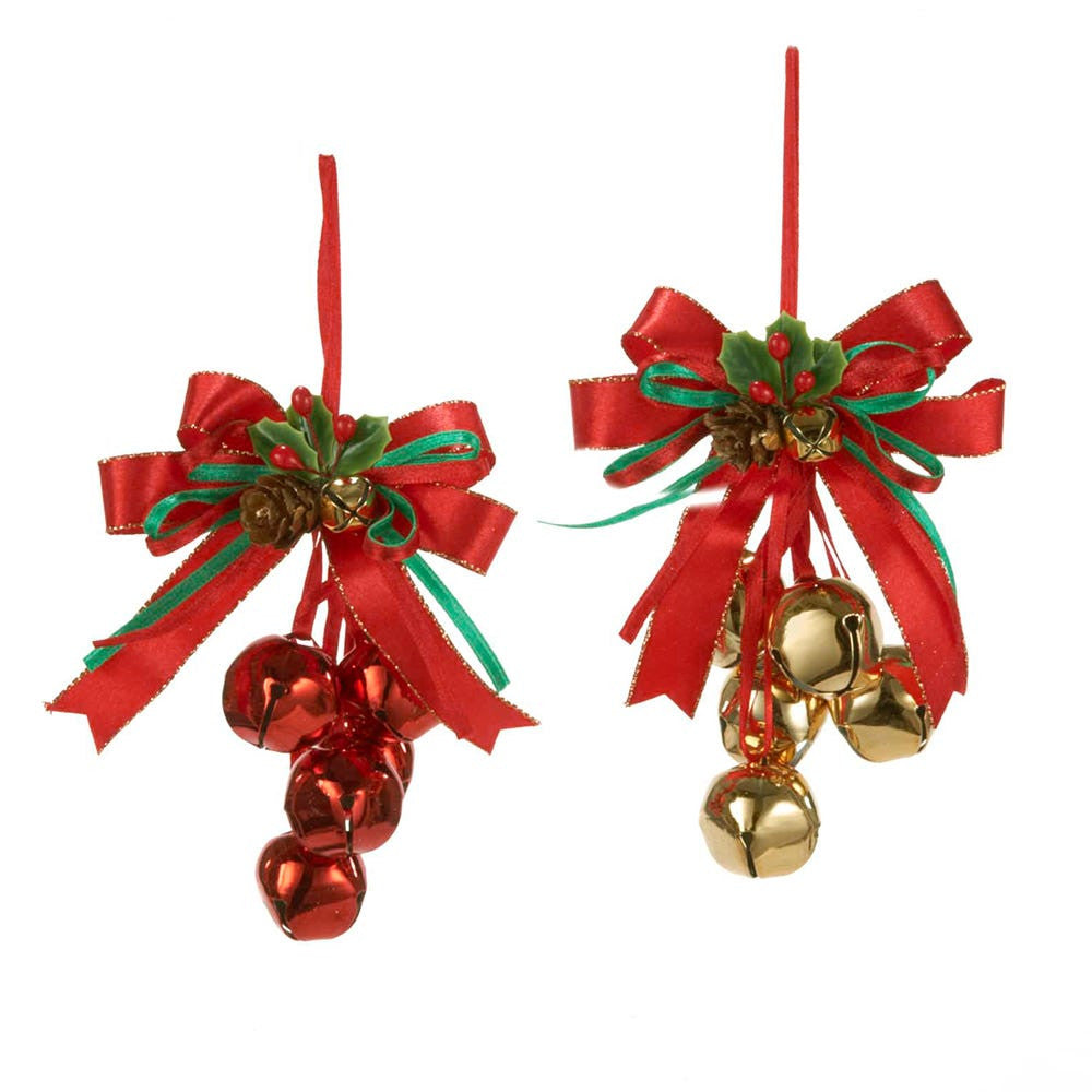 Metal Red and Gold Bells With Bow Ornaments