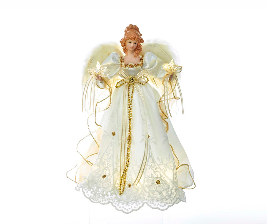 14" Battery-Operated 10-Light Warm White LED Ivory and Gold Angel Treetop