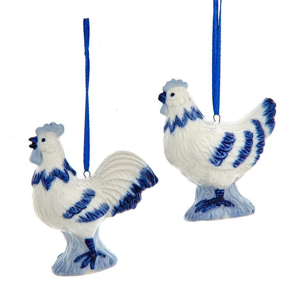 Blue & White Porcelain Cock and Hen Ornaments