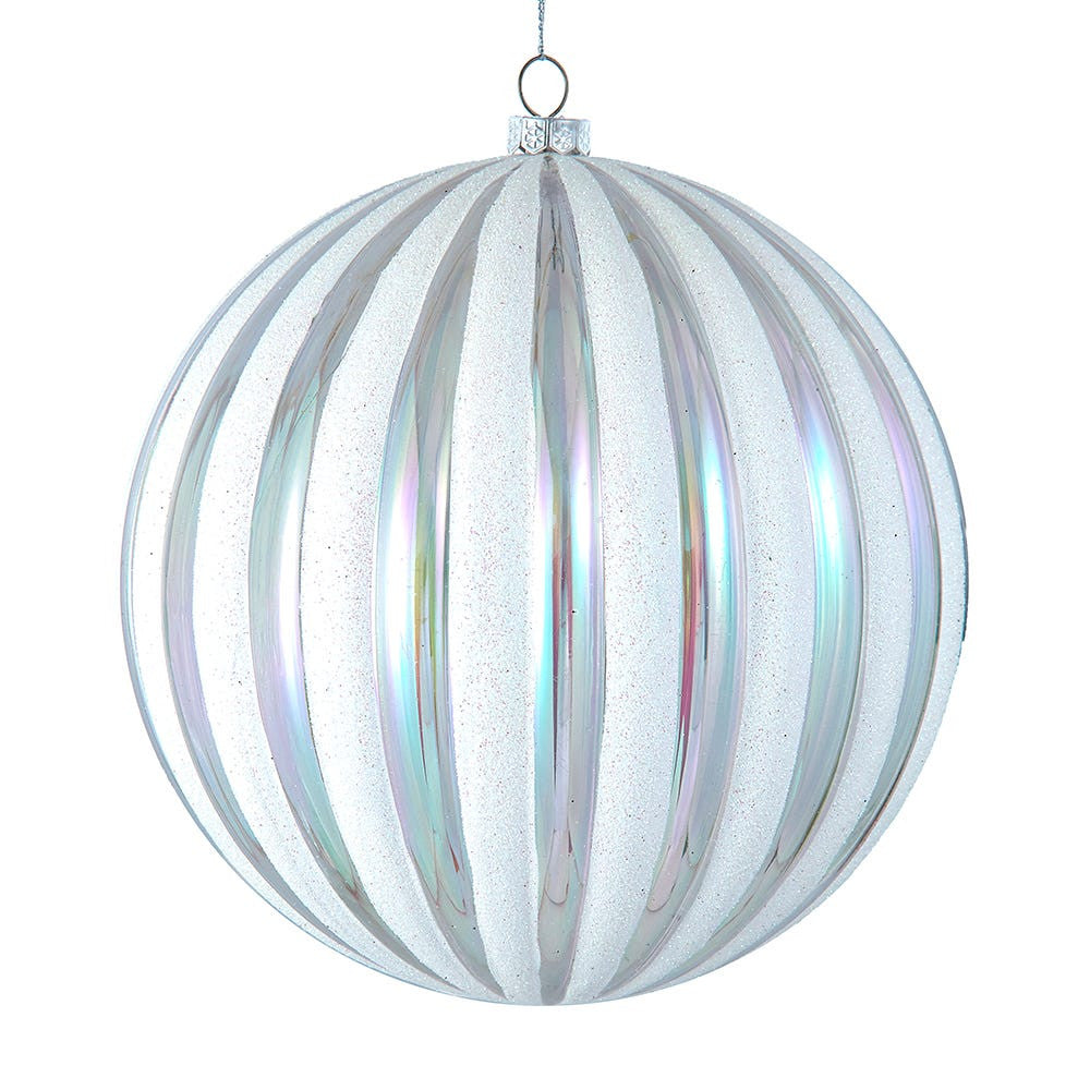 150MM Plastic Iridescent & Glittered Clear White Stripe Ball Ornament