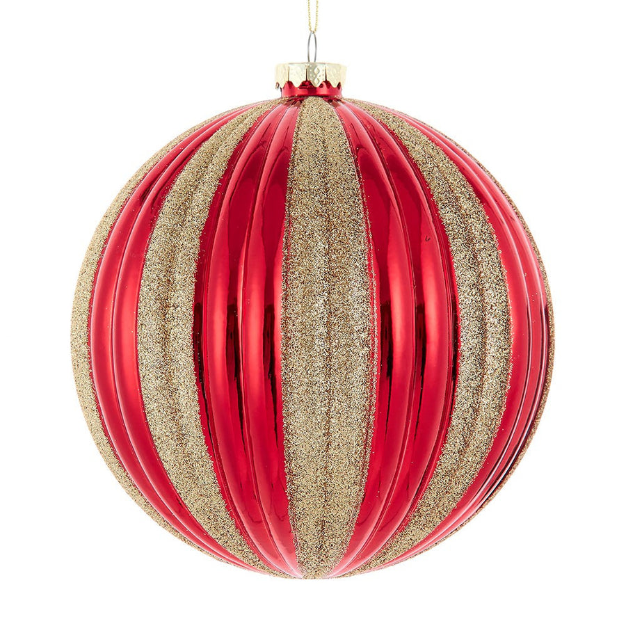 150MM Striped Red With Gold Glittered Ball Ornament