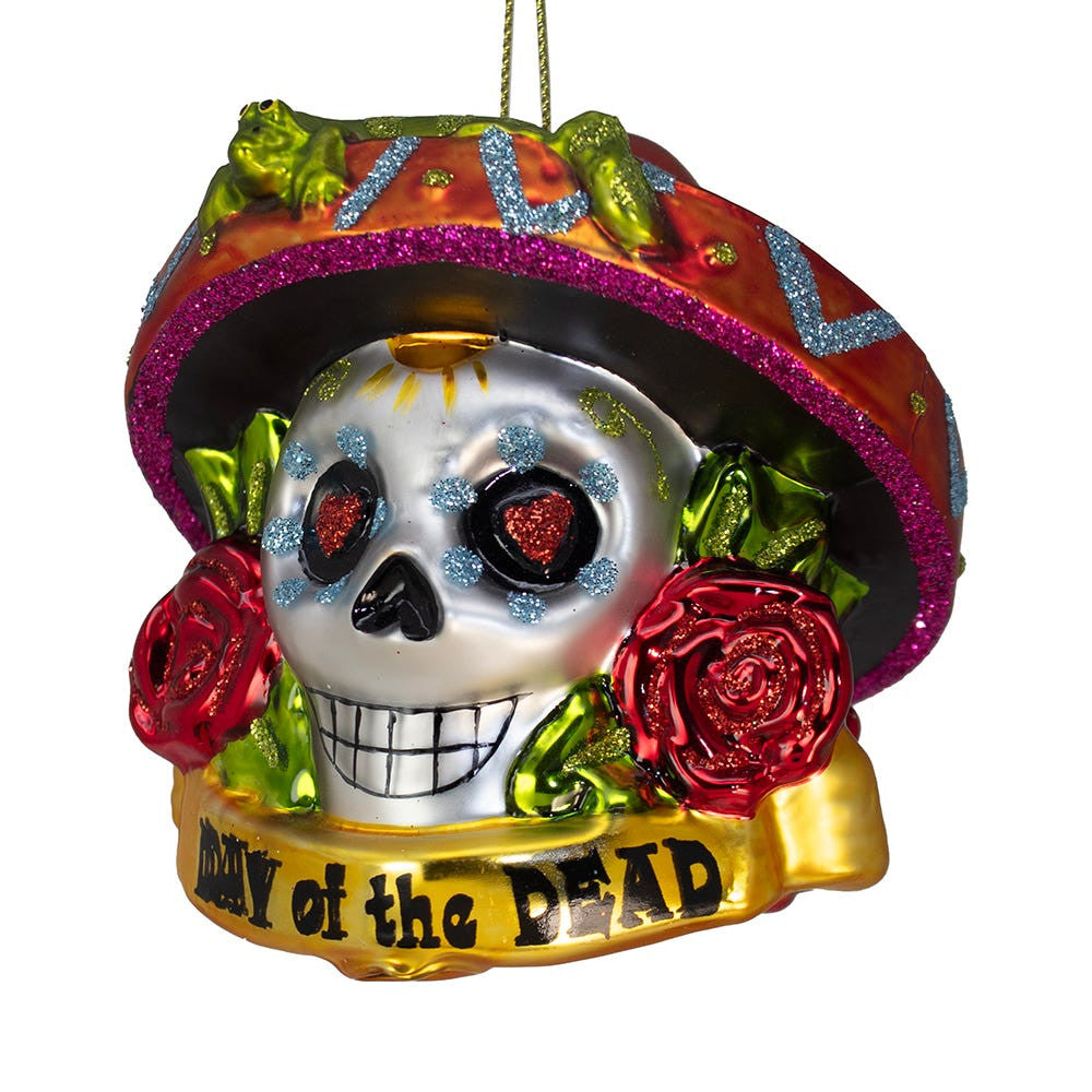 Glass Day Of The Dead Skull With Gecko Ornament