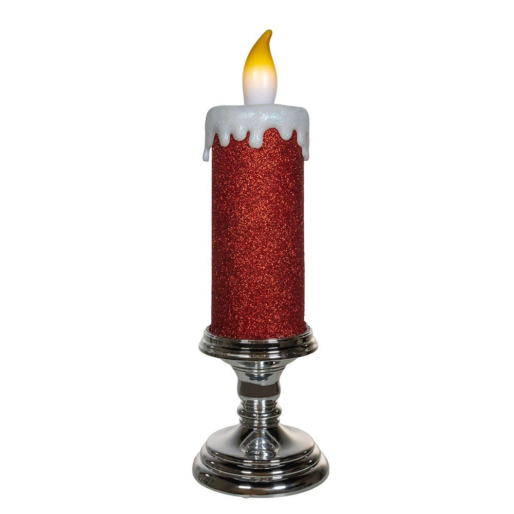 13.75" Battery Operated Red Glittered Candle With Warm White LED Flicker Flame
