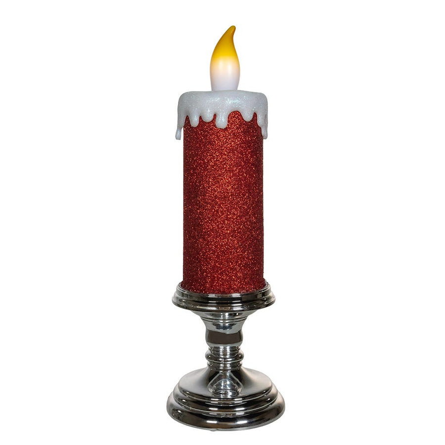 13.75" Battery Operated Red Glittered Candle With Warm White LED Flicker Flame
