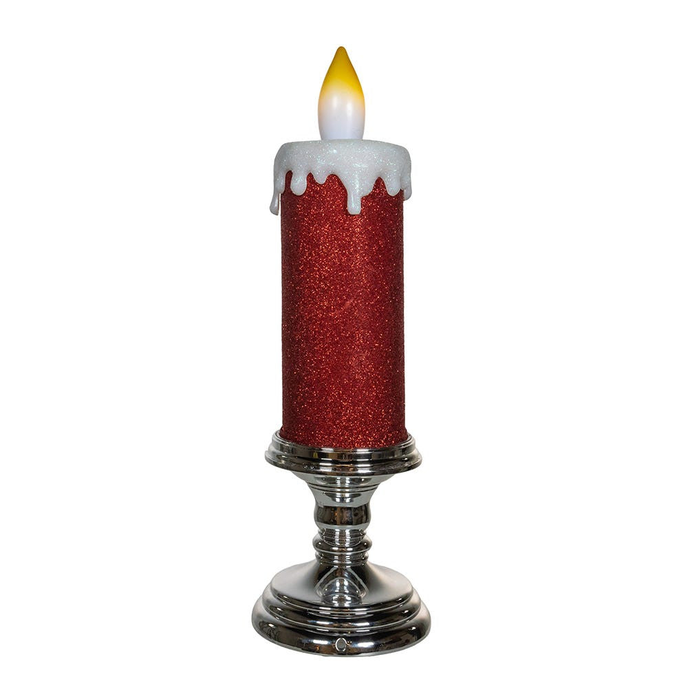 13.75" Battery Operated Red Glittered Candle With Warm White LED Flicker Flame