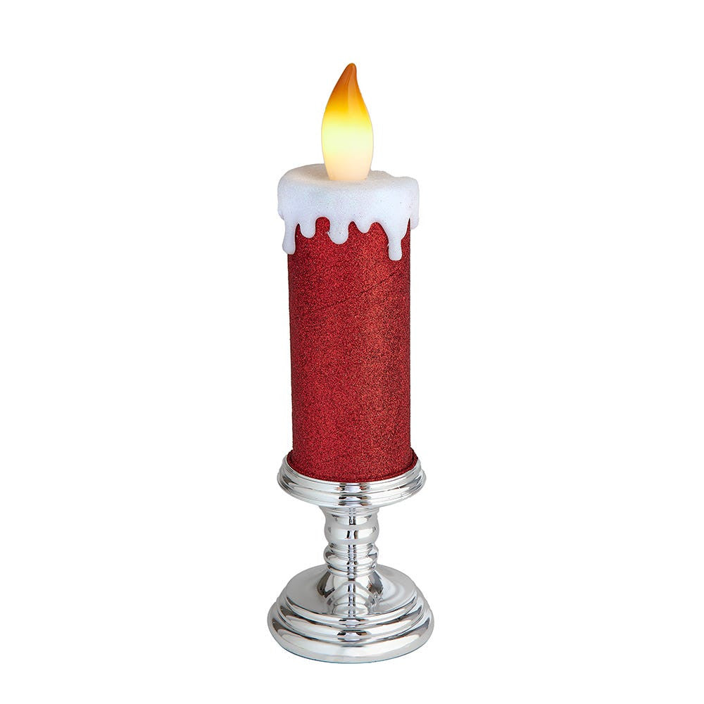13.75" Battery Operated Red Glittered Candle With Warm White LED Flicker Flame
