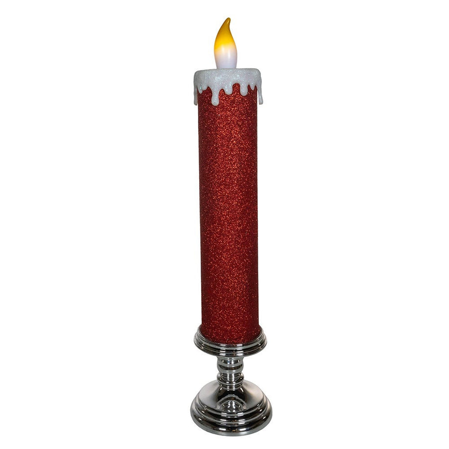 19.63" Battery Operated Red Glittered Candle With Warm White LED Flicker Flame