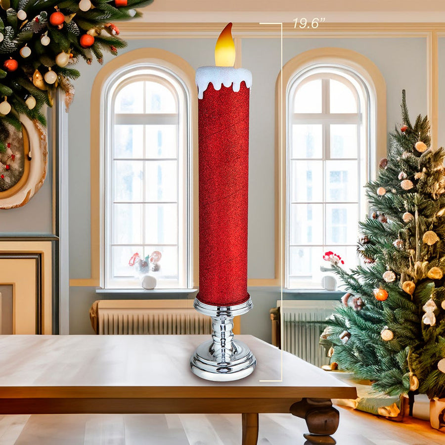 19.63" Battery Operated Red Glittered Candle With Warm White LED Flicker Flame