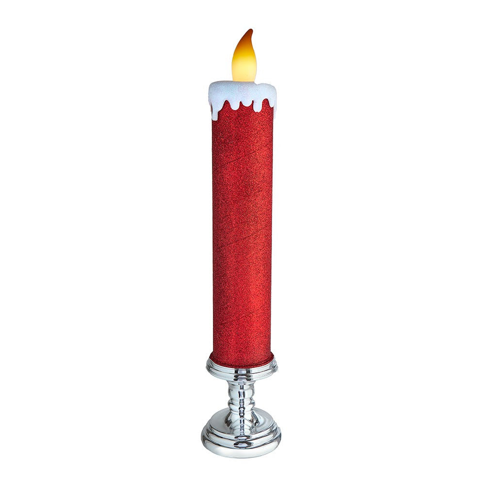 19.63" Battery Operated Red Glittered Candle With Warm White LED Flicker Flame